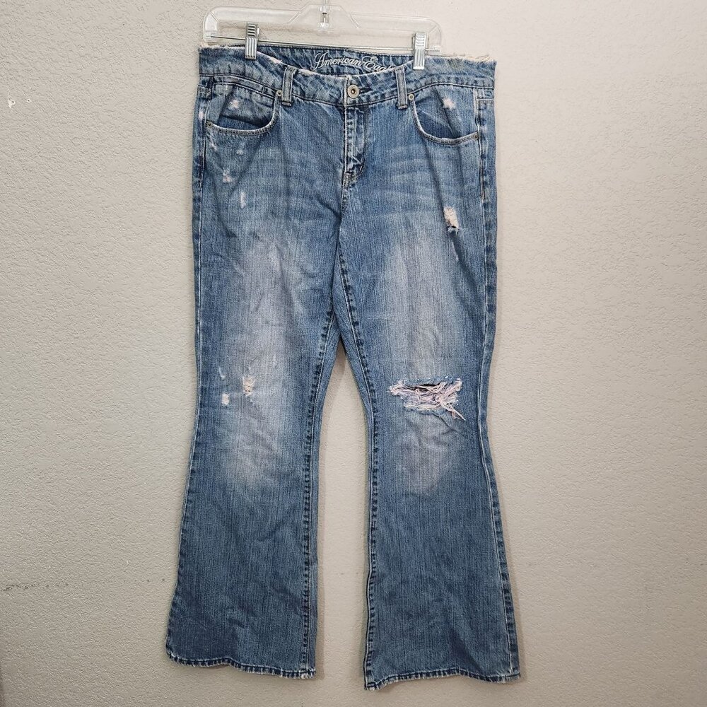 VTG American Eagle Jeans Womens 12 Blue Real Flare Mid Rise Distressed Y2K